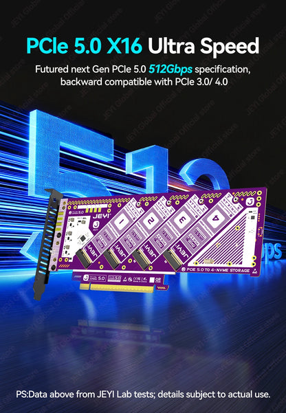JEYI PCIe 5.0 X16 Quad M.2 Expansion Card - 4-Bay NVMe RAID 0/1/5/JBOD | 512Gb/s Speed | 8TB per SSD | PCIe 4.0/3.0 Compatible
