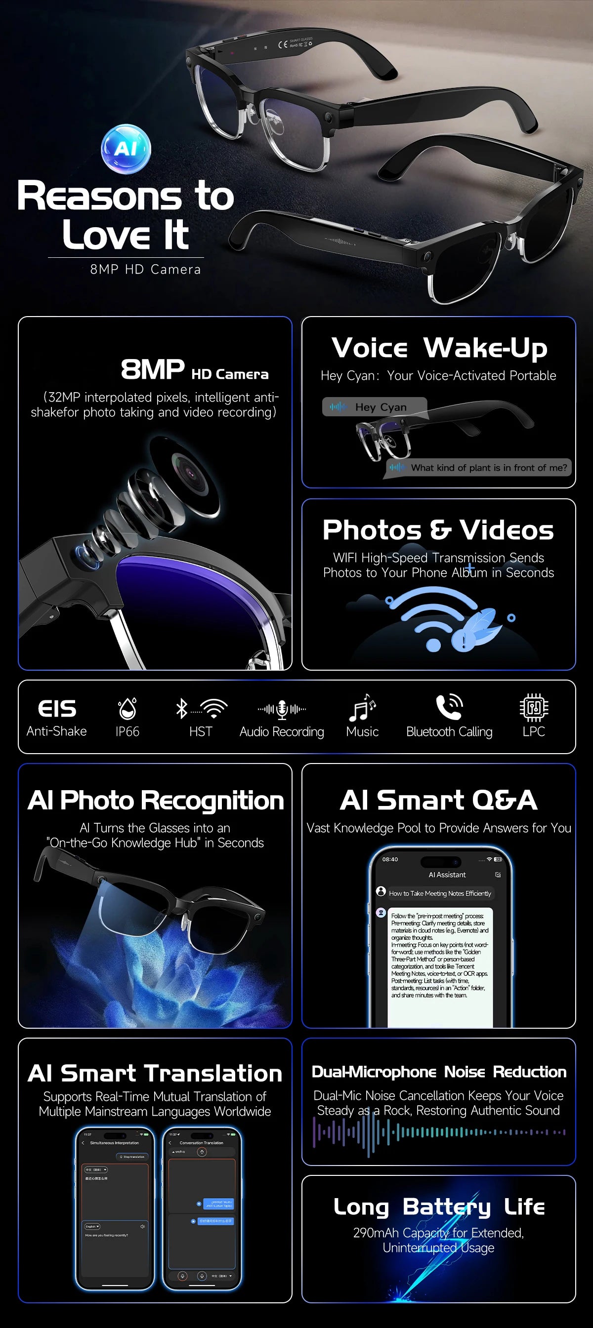 AI Smart Translation Smart Glasses 8 Million HD Camera Optical Image Stabilization Dual Microphone Noise Reduction Smart Glasses