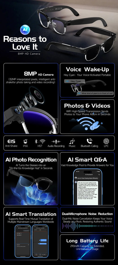 AI Smart Translation Smart Glasses 8 Million HD Camera Optical Image Stabilization Dual Microphone Noise Reduction Smart Glasses