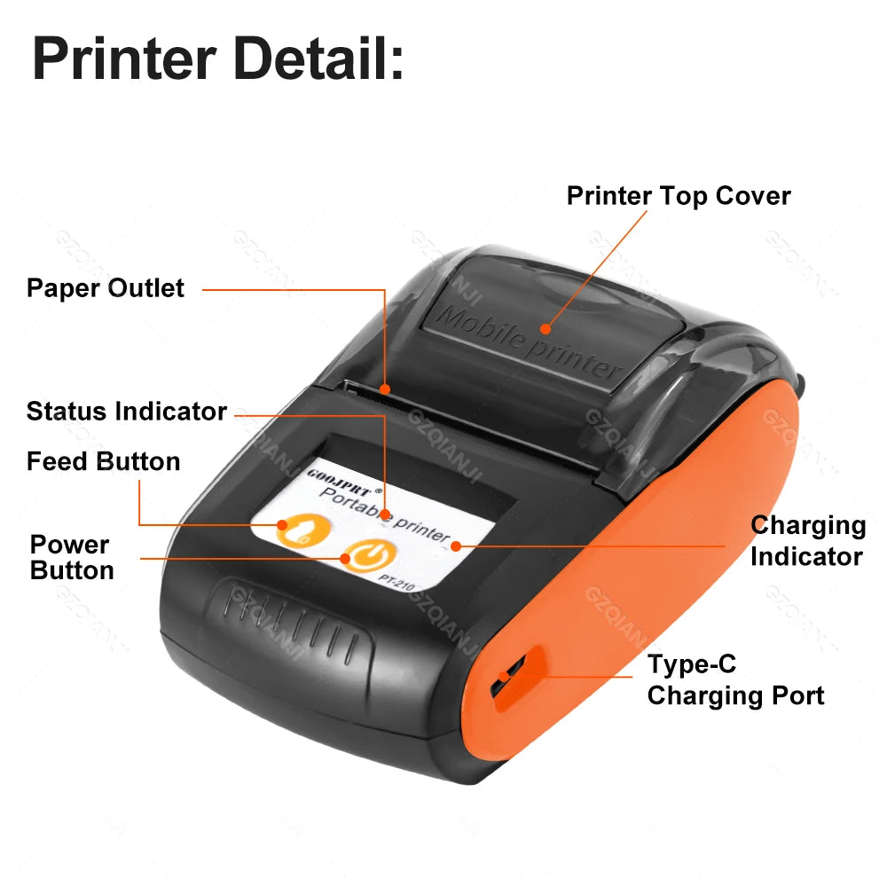 PT-210 58mm 2'' Inch Mini Portable Thermal Printer Wireless Receipt POS Maker Machine Bluetooth for Windows Android iOS Printing