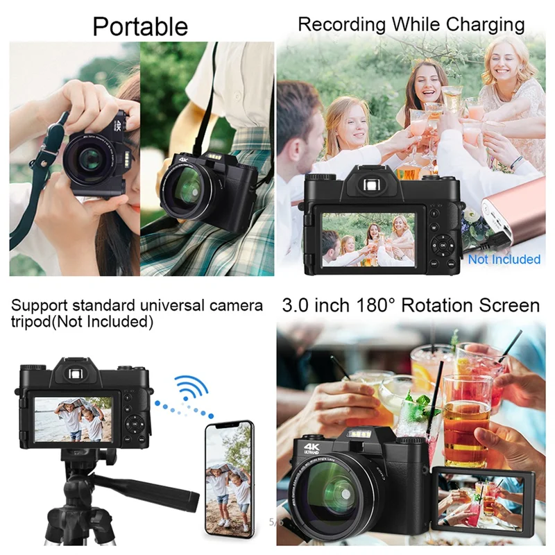 CABE-Digital Camera 4K HD Camcorder WIFI Webcam Wide Angle Lens 16X Digital Zoom 48MP 3 Inch Flip Screen Recorder
