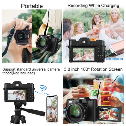 CABE-Digital Camera 4K HD Camcorder WIFI Webcam Wide Angle Lens 16X Digital Zoom 48MP 3 Inch Flip Screen Recorder