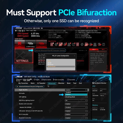 JEYI PCIe 5.0 X16 Quad M.2 Expansion Card - 4-Bay NVMe RAID 0/1/5/JBOD | 512Gb/s Speed | 8TB per SSD | PCIe 4.0/3.0 Compatible