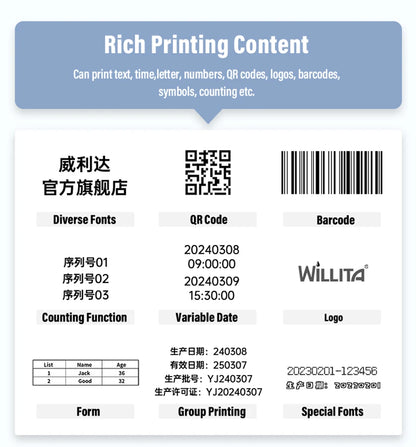 Willita Paging Coding Machine For Plastic Paper Bags Labels ID Cards Expiry Date Barcode Batch QR Online Thermal Inkjet Printers