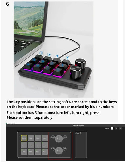 Bluetooth Programming Macro Custom Keyboard RGB 12 Keys 2 Knobs Copy Paste Photoshop Gaming Keypad Mechanical Hotswap Macropad