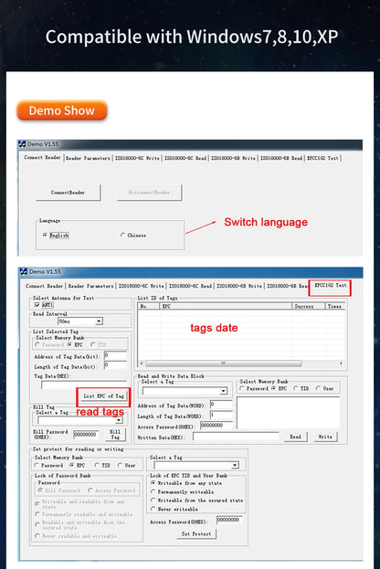 RFID UHF Reader 860-960Mhz RFID UHF Desktop Write Tag Reader USB Keyboard Output for ISO18000-6C EPC Gen2 Free Software SDK