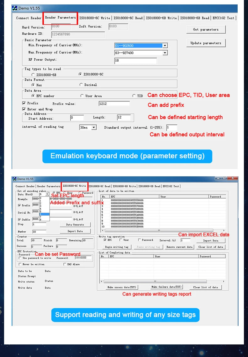 RFID UHF Reader 860-960Mhz RFID UHF Desktop Write Tag Reader USB Keyboard Output for ISO18000-6C EPC Gen2 Free Software SDK